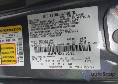 2022 Ford Mustang Gt Premium Fastback из США, поврежденный, VIN 1FA6P8CF8N5100786